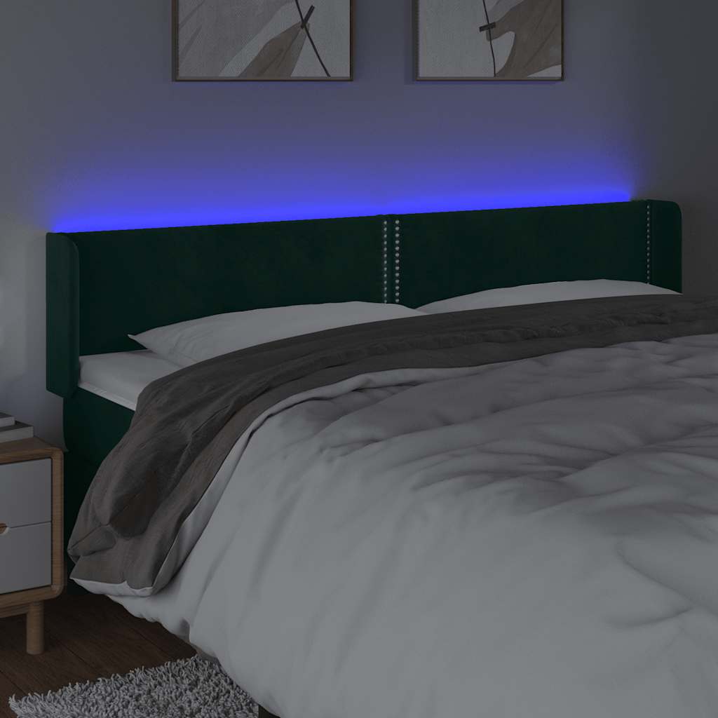 sengegavl med LED-lys 203x16x78/88 cm fløjl mørkegrøn