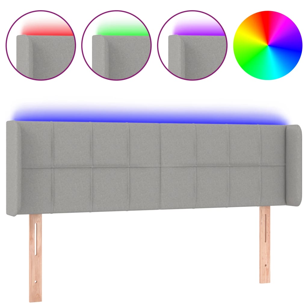 sengegavl med LED-lys 147x16x78/88 cm stof lysegrå