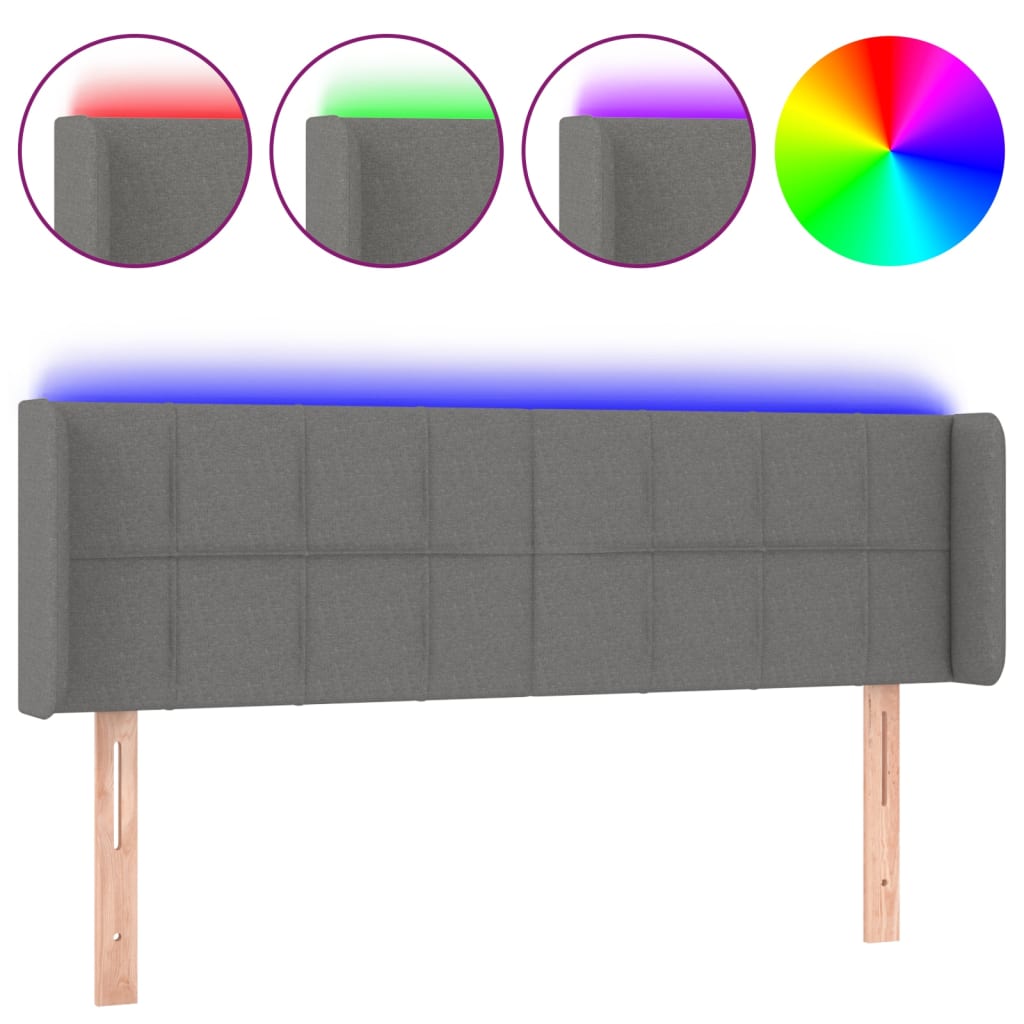 sengegavl med LED-lys 147x16x78/88 cm stof mørkegrå