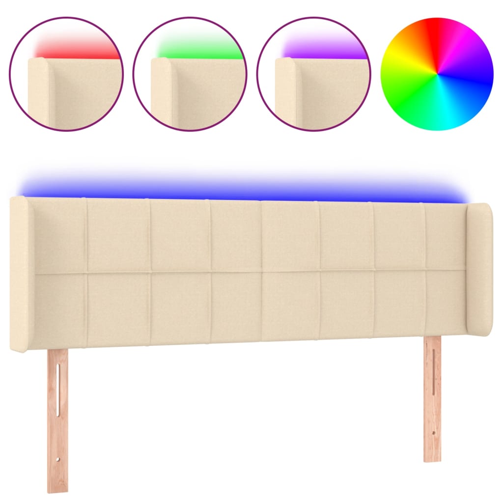 sengegavl med LED-lys 147x16x78/88 cm stof cremefarvet