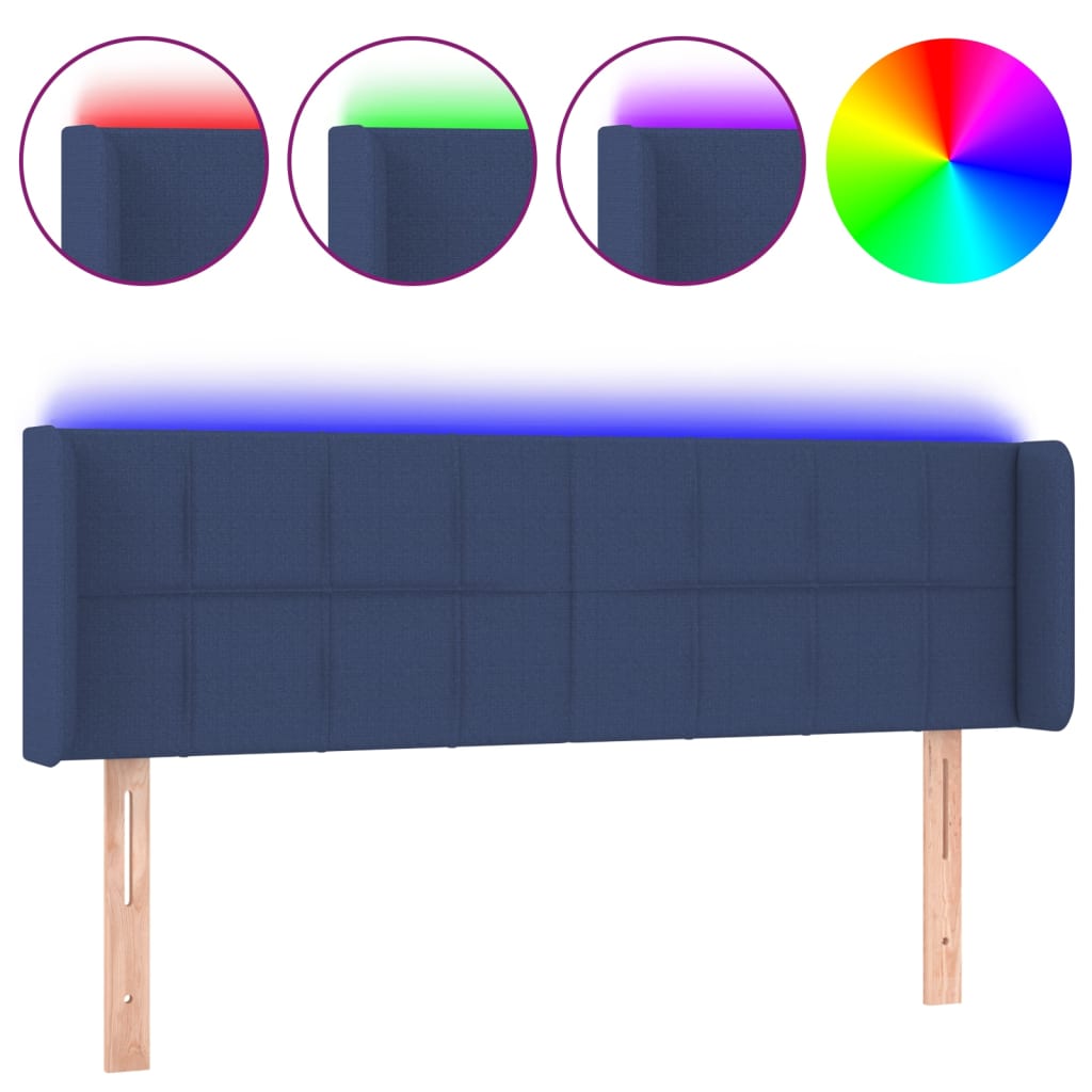 sengegavl med LED-lys 147x16x78/88 cm stof blå