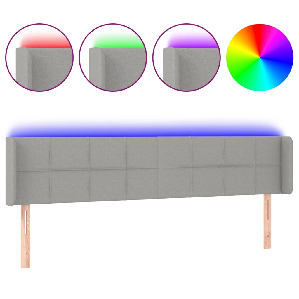 sengegavl med LED-lys 163x16x78/88 cm stof lysegrå