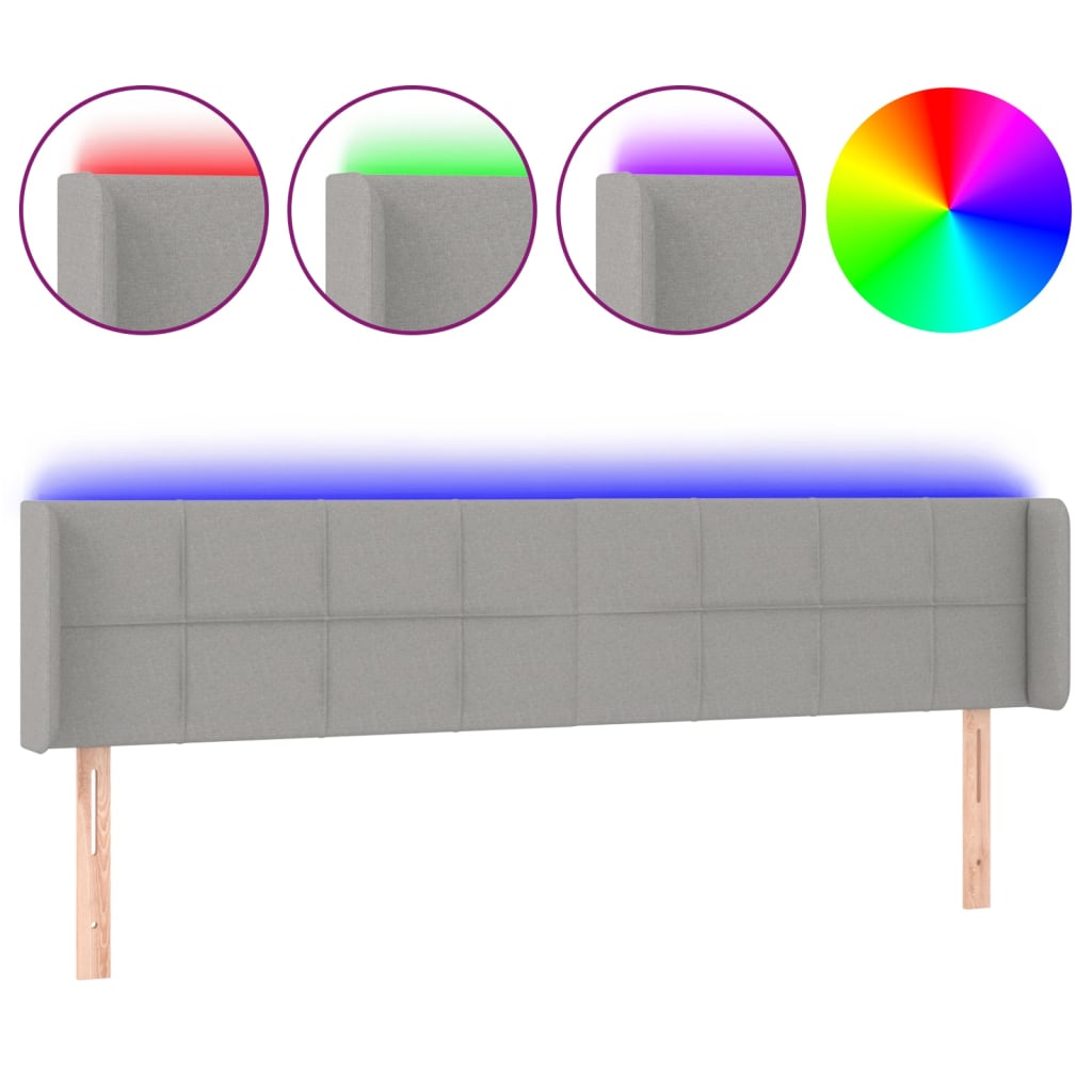 sengegavl med LED-lys 203x16x78/88 cm stof lysegrå