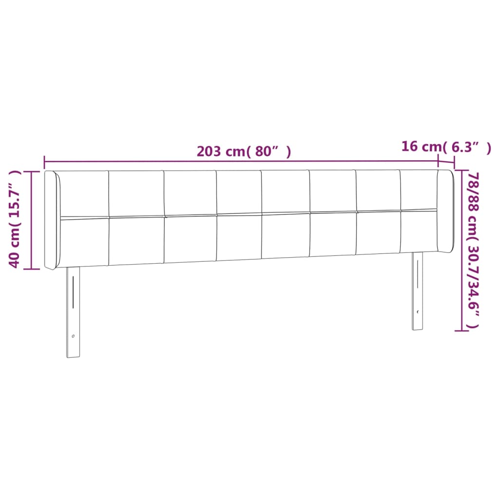 sengegavl med LED-lys 203x16x78/88 cm stof lysegrå