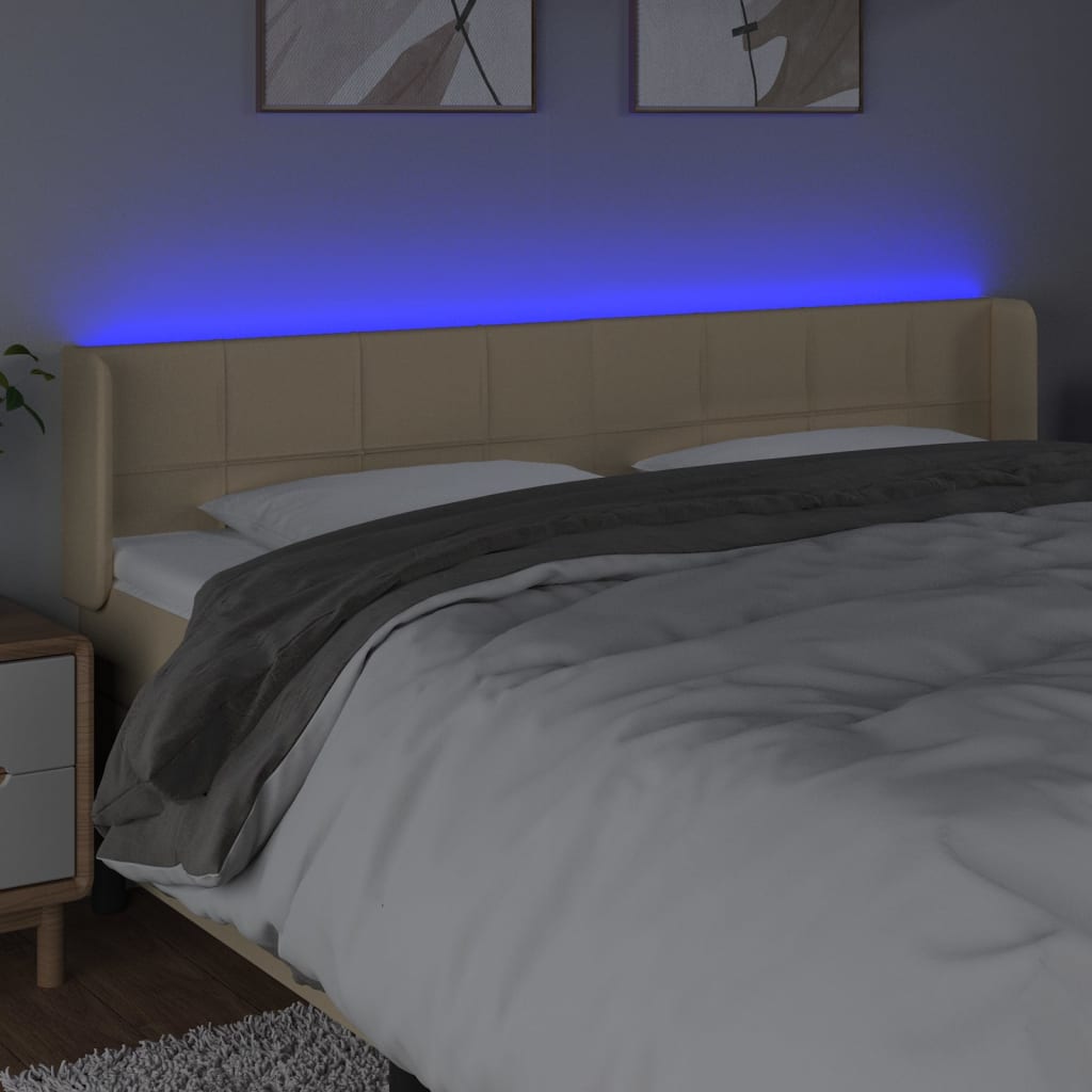 sengegavl med LED-lys 203x16x78/88 cm stof cremefarvet