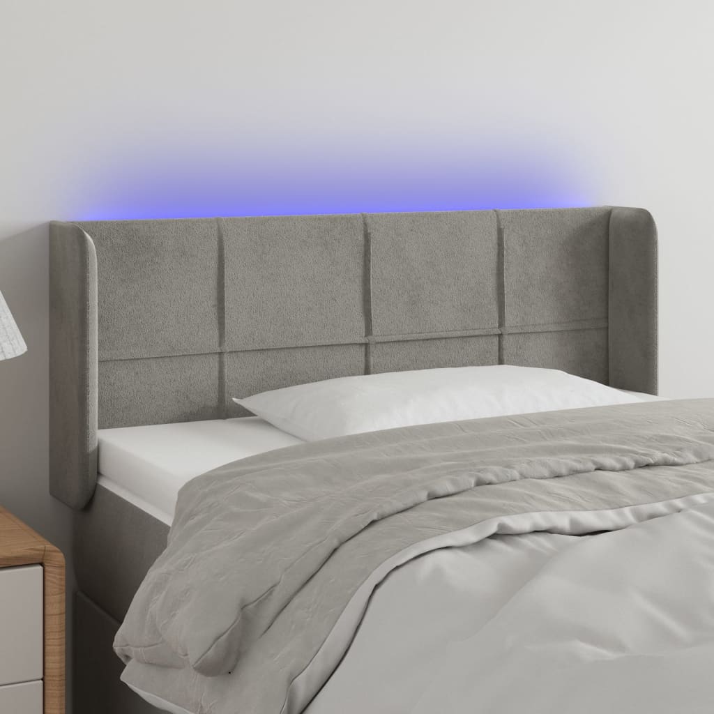 sengegavl med LED-lys 83x16x78/88 cm fløjl lysegrå