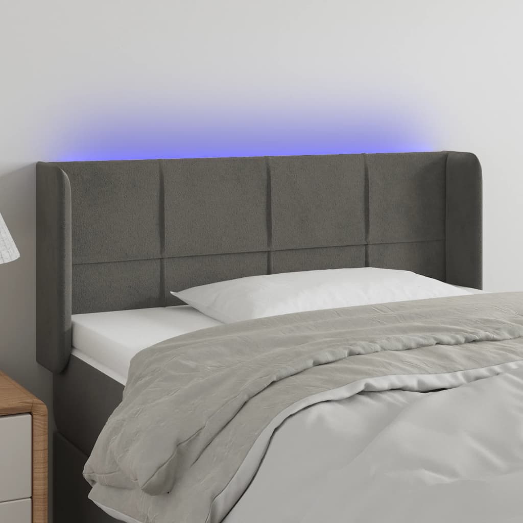 sengegavl med LED-lys 93x16x78/88 cm fløjl mørkegrå