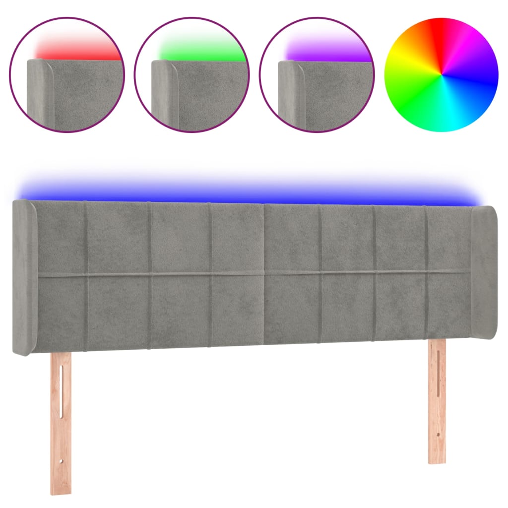 sengegavl med LED-lys 147x16x78/88 cm fløjl lysegrå