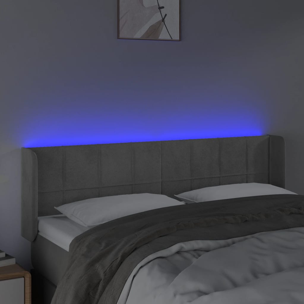 sengegavl med LED-lys 147x16x78/88 cm fløjl lysegrå