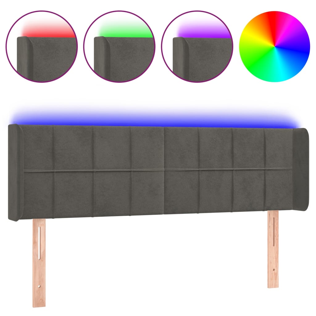 sengegavl med LED-lys 147x16x78/88 cm fløjl mørkegrå