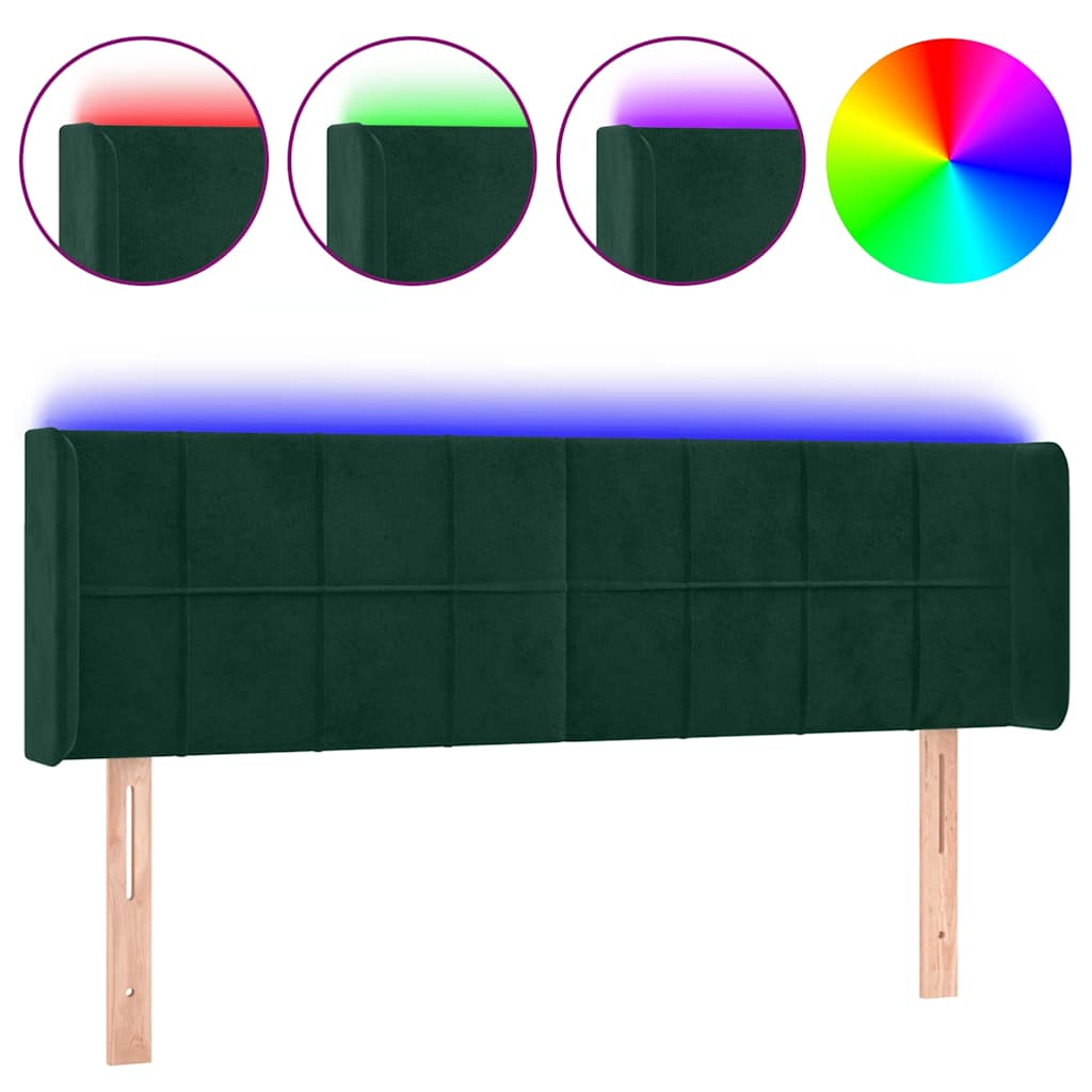 sengegavl med LED-lys 147x16x78/88 cm fløjl mørkegrøn