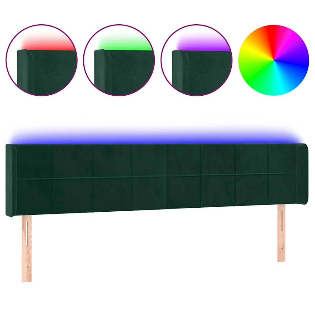 sengegavl med LED-lys 163x16x78/88 cm fløjl mørkegrøn