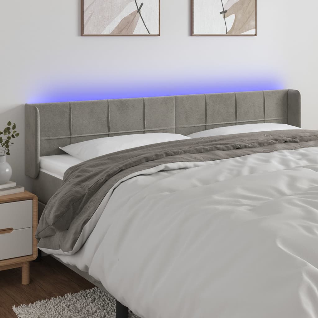 sengegavl med LED-lys 183x16x78/88 cm fløjl lysegrå