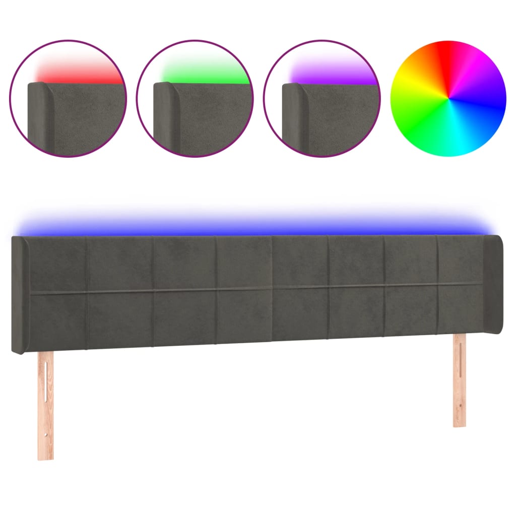 sengegavl med LED-lys 183x16x78/88 cm fløjl mørkegrå