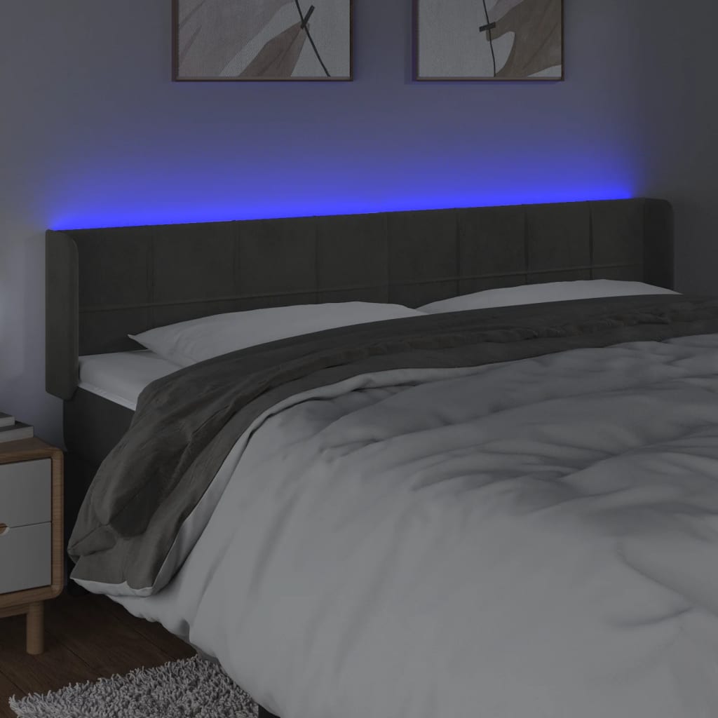 sengegavl med LED-lys 183x16x78/88 cm fløjl mørkegrå
