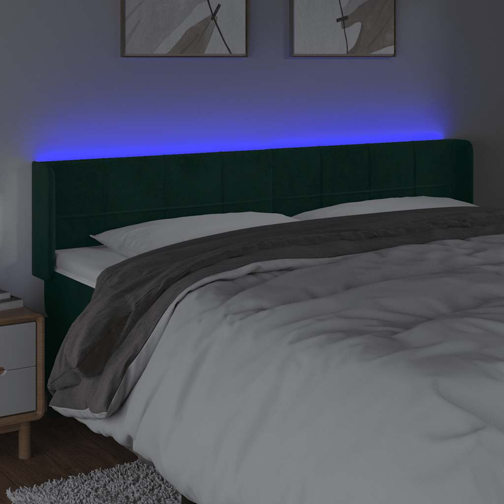 sengegavl med LED-lys 183x16x78/88 cm fløjl mørkegrøn