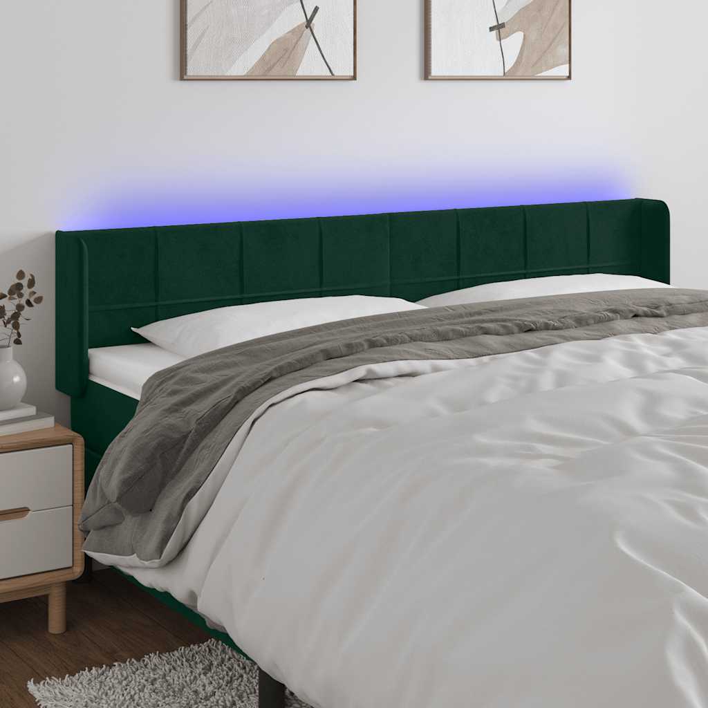 sengegavl med LED-lys 183x16x78/88 cm fløjl mørkegrøn