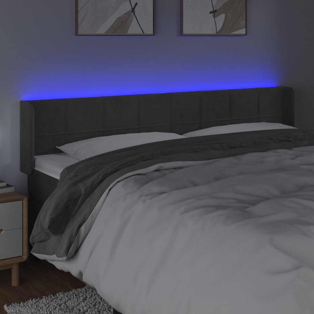 sengegavl med LED-lys 203x16x78/88 cm fløjl mørkegrå