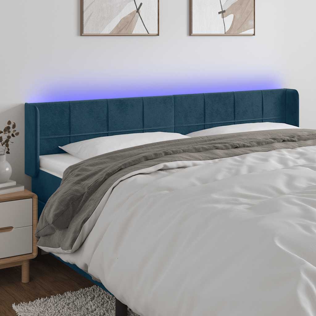 sengegavl med LED-lys 203x16x78/88 cm fløjl mørkeblå