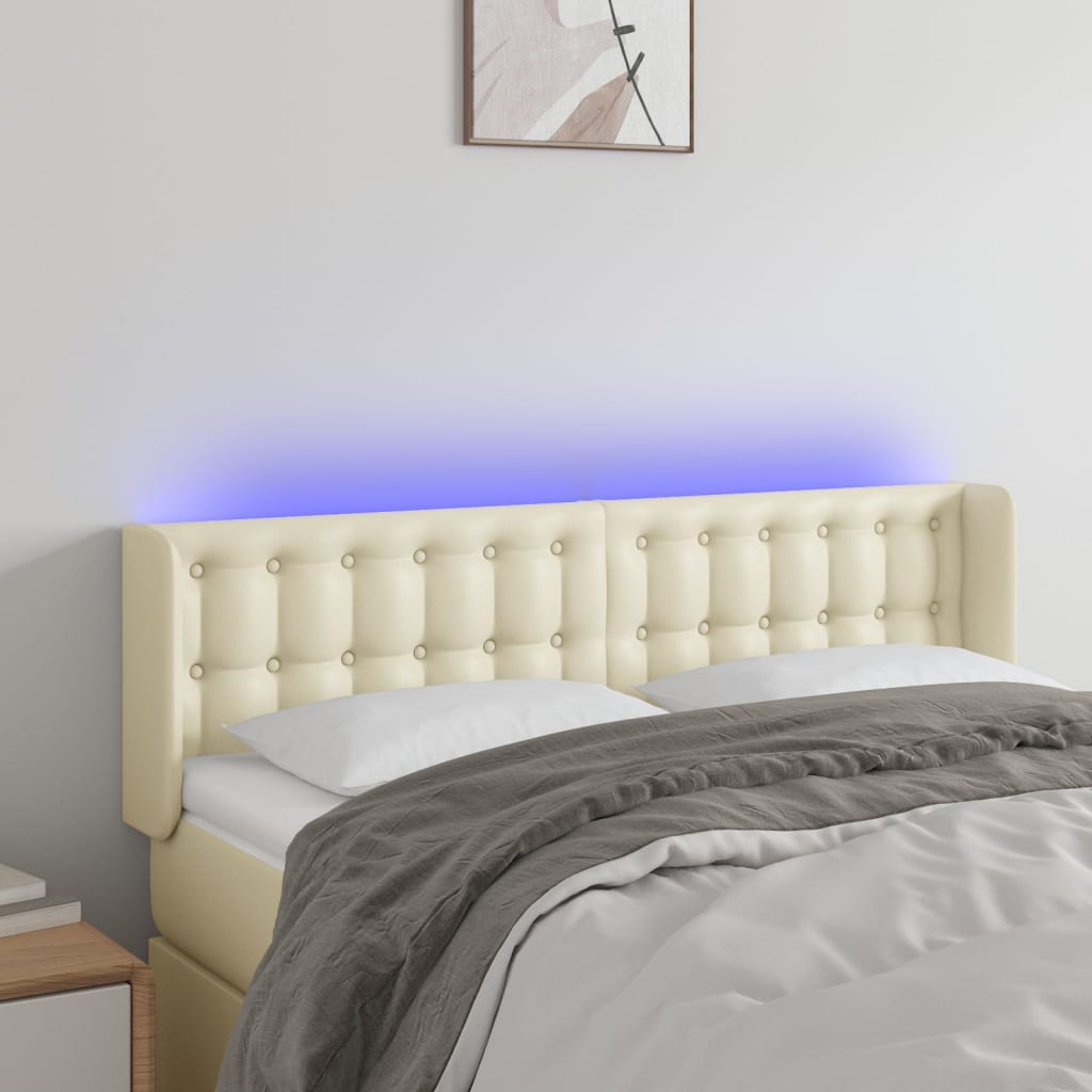 sengegavl med LED-lys 147x16x78/88 cm kunstlæder cremefarvet