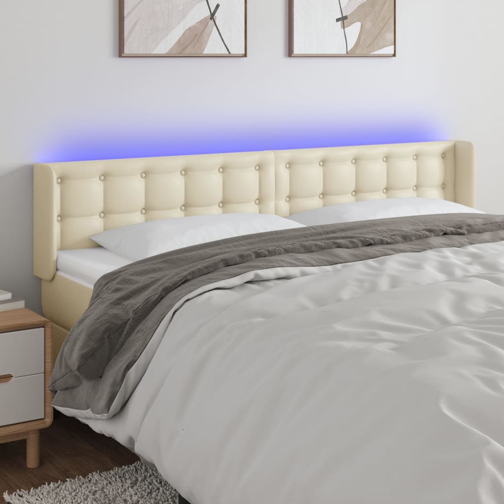 sengegavl med LED-lys 183x16x78/88 cm kunstlæder cremefarvet