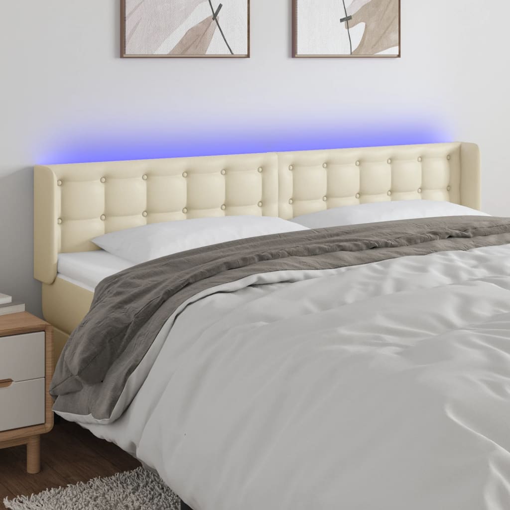 sengegavl med LED-lys 203x16x78/88 cm kunstlæder cremefarvet