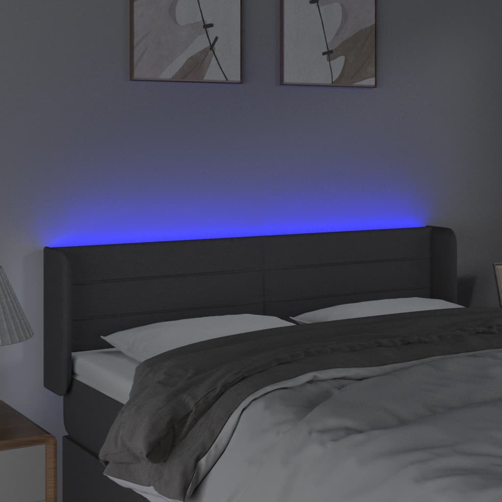sengegavl med LED-lys 147x16x78/88 cm stof mørkegrå