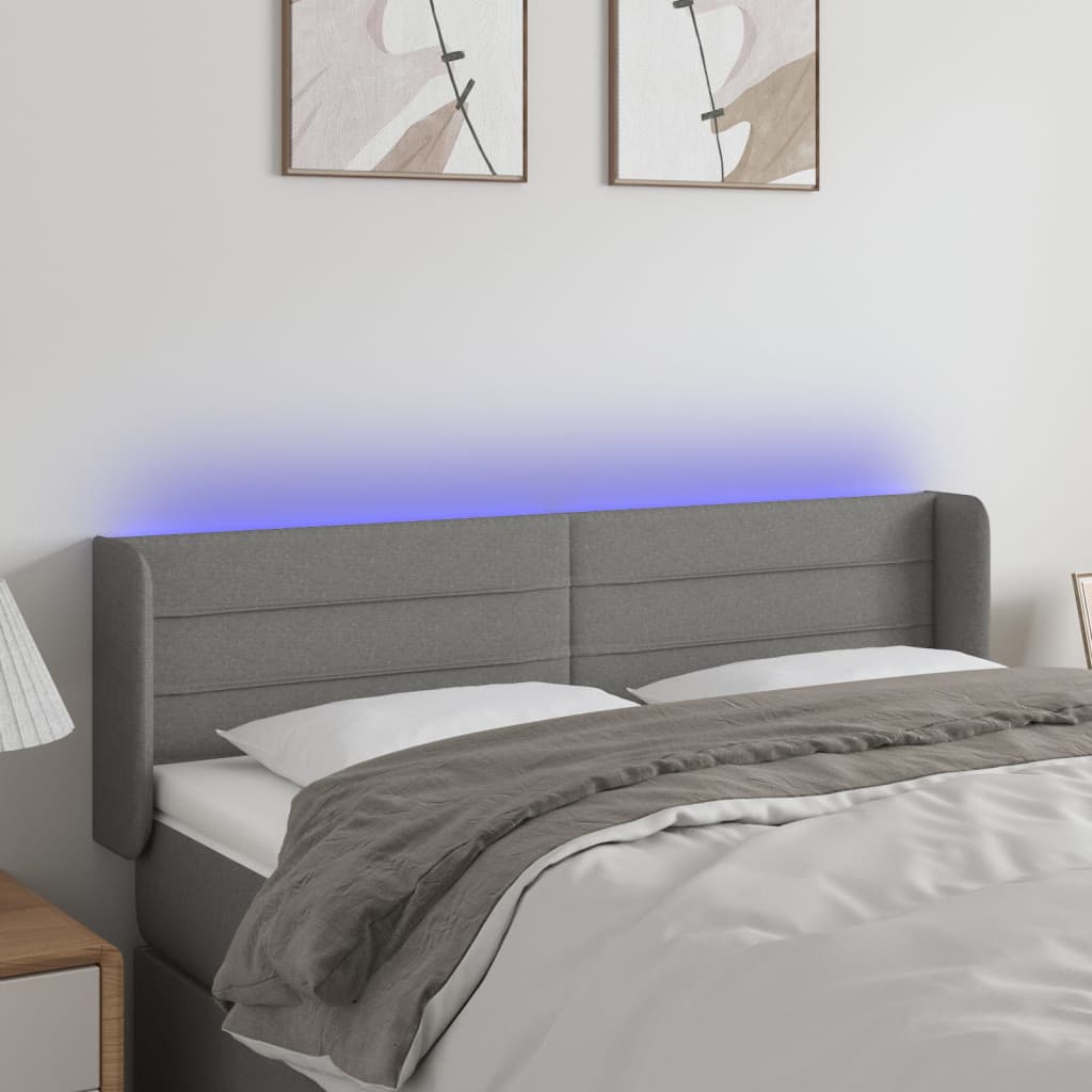 sengegavl med LED-lys 147x16x78/88 cm stof mørkegrå