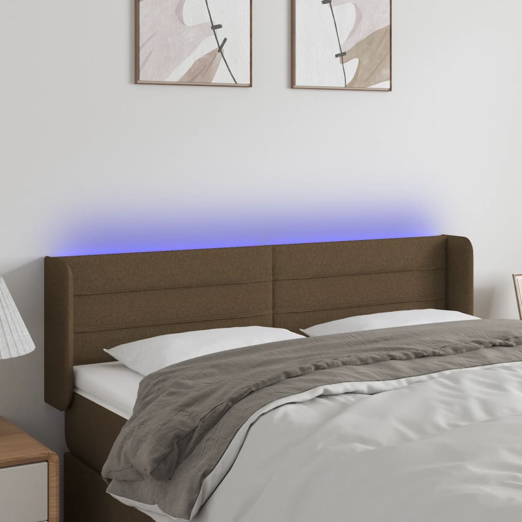 sengegavl med LED-lys 147x16x78/88 cm stof mørkebrun