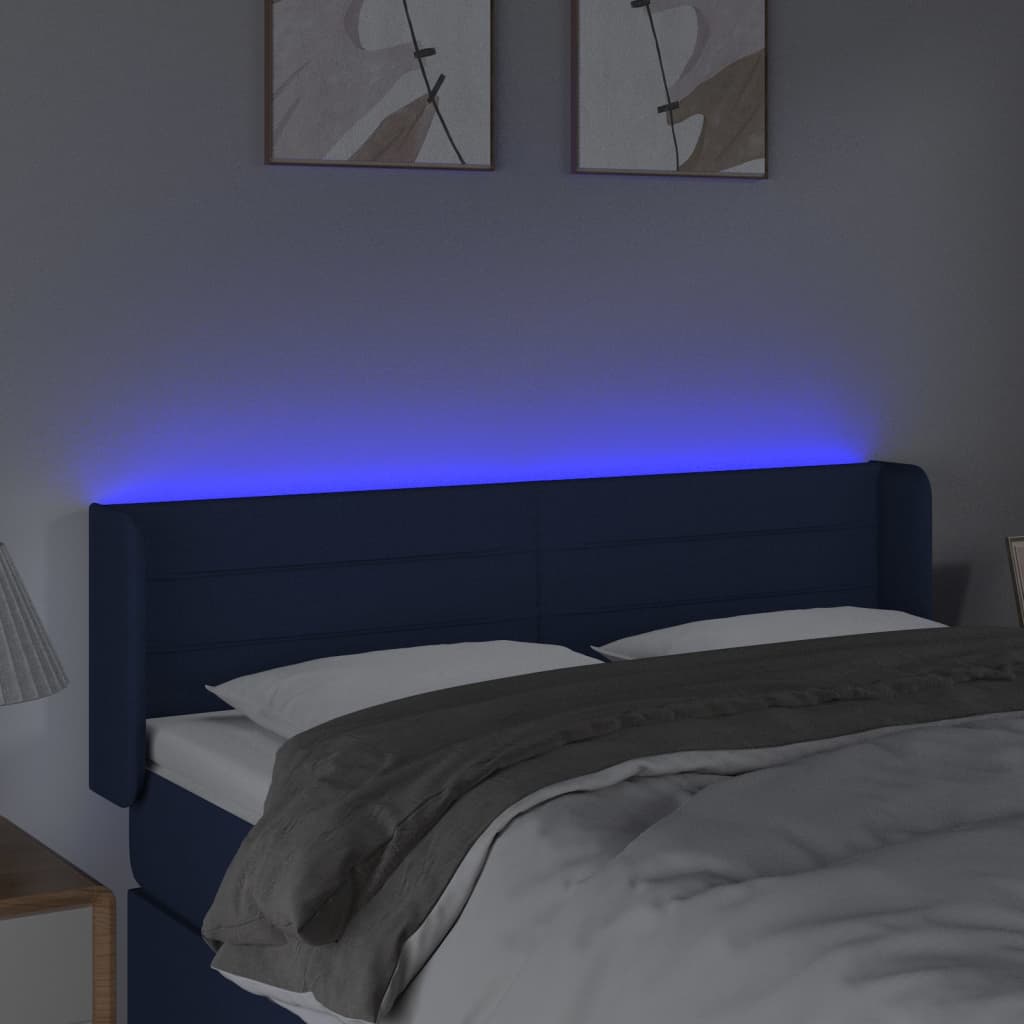sengegavl med LED-lys 147x16x78/88 cm stof blå