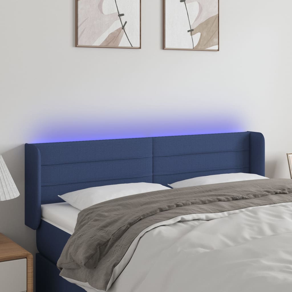 sengegavl med LED-lys 147x16x78/88 cm stof blå