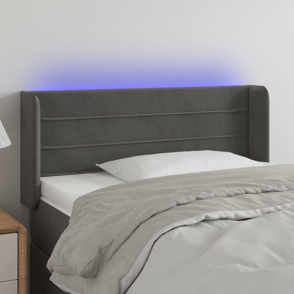 sengegavl med LED-lys 83x16x78/88 cm fløjl mørkegrå