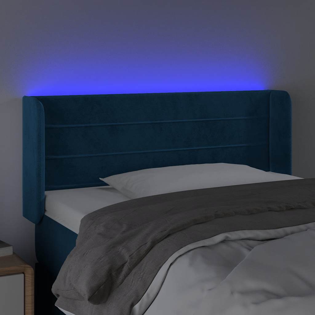 sengegavl med LED-lys 83x16x78/88 cm stof Mørkeblå