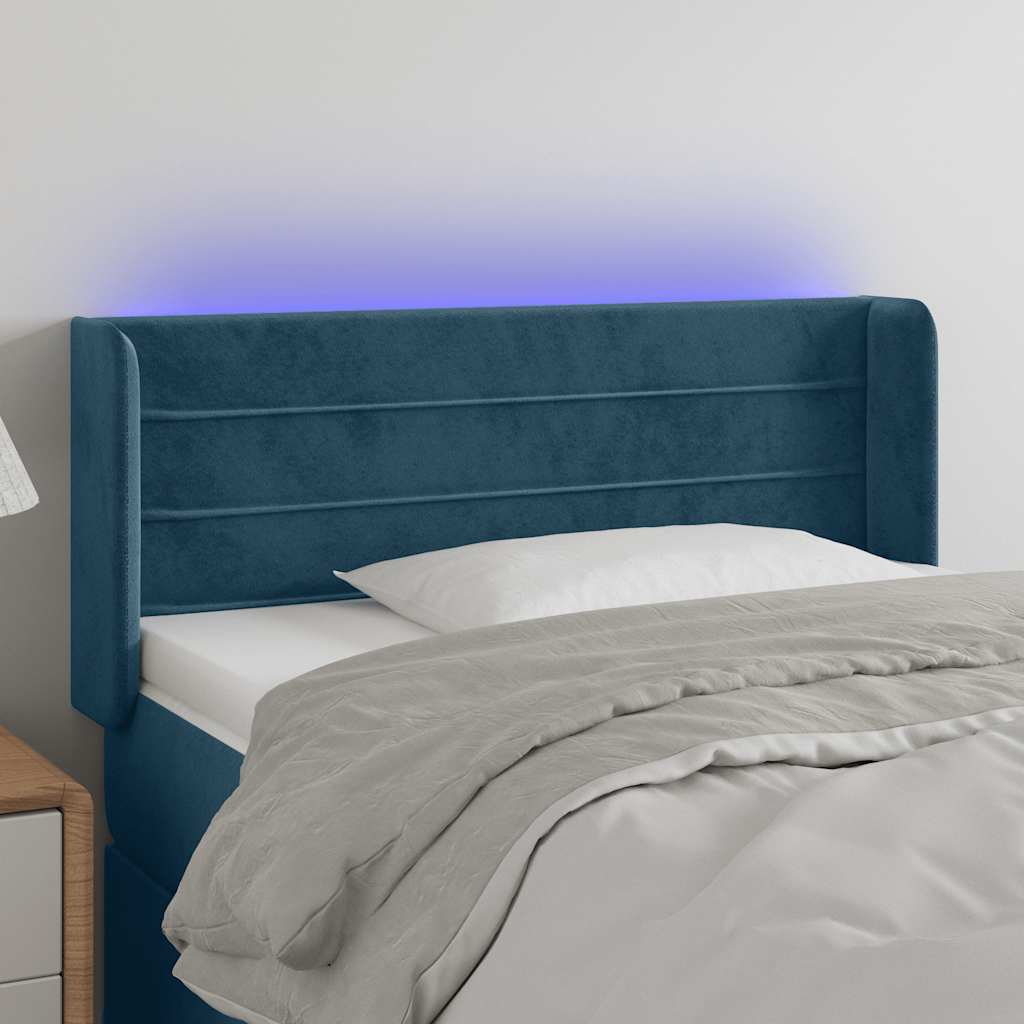 sengegavl med LED-lys 83x16x78/88 cm stof Mørkeblå