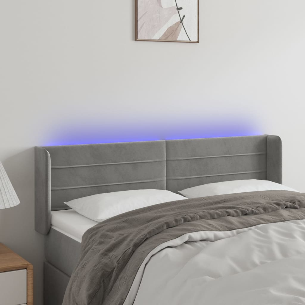 sengegavl med LED-lys 147x16x78/88 cm fløjl lysegrå