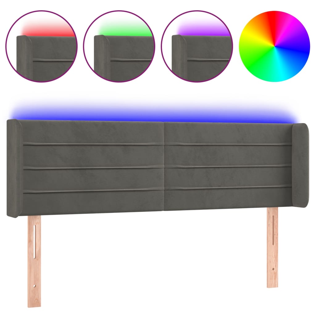 sengegavl med LED-lys 147x16x78/88 cm fløjl mørkegrå