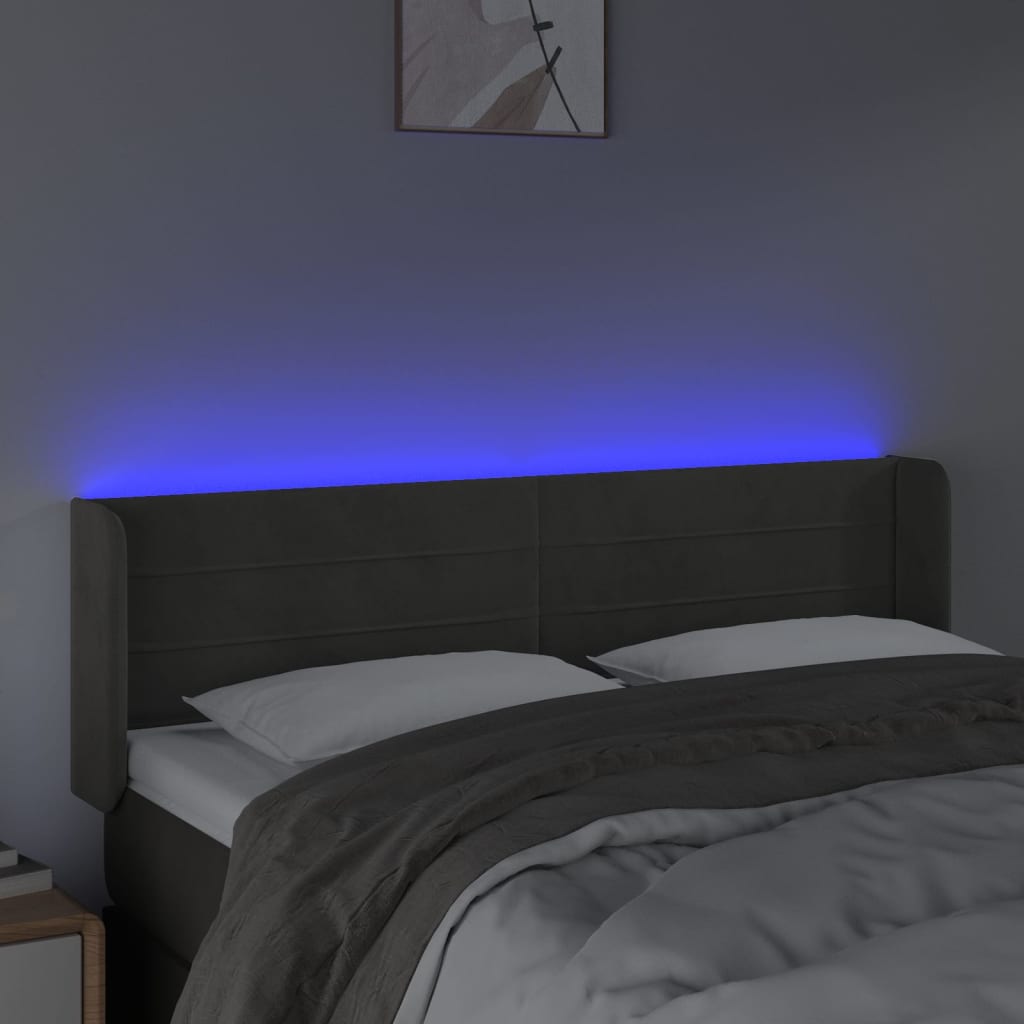 sengegavl med LED-lys 147x16x78/88 cm fløjl mørkegrå