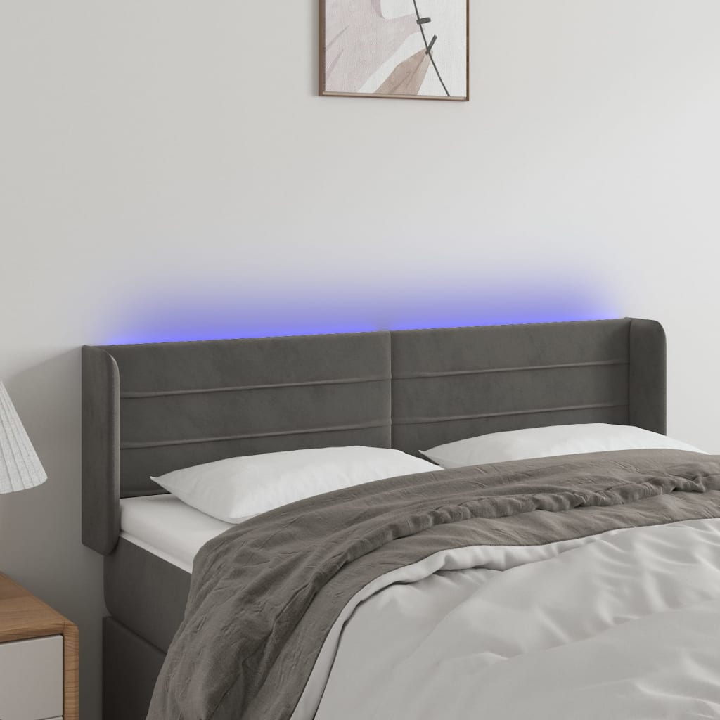 sengegavl med LED-lys 147x16x78/88 cm fløjl mørkegrå