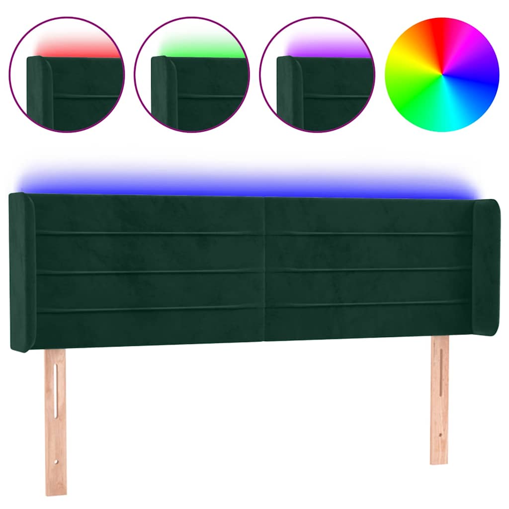 sengegavl med LED-lys 147x16x78/88 cm fløjl mørkegrøn