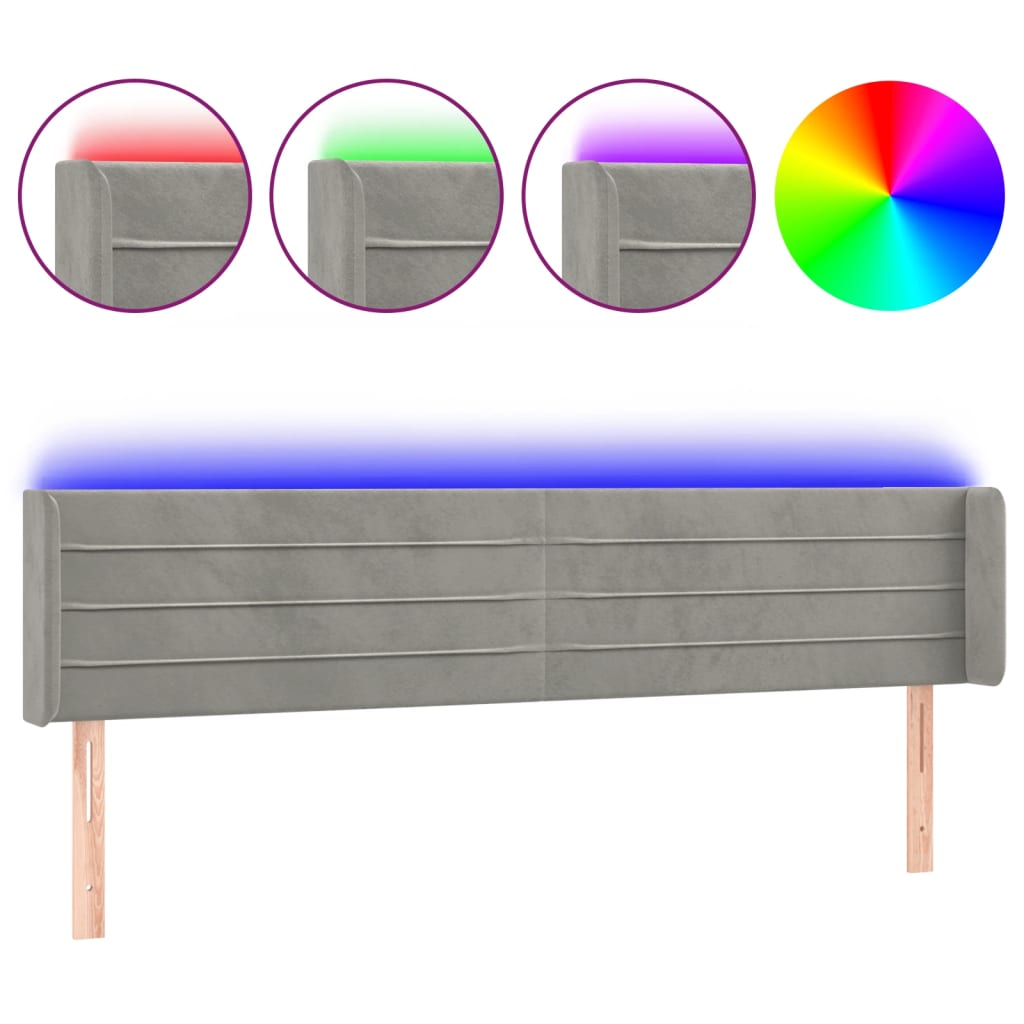sengegavl med LED-lys 163x16x78/88 cm fløjl lysegrå