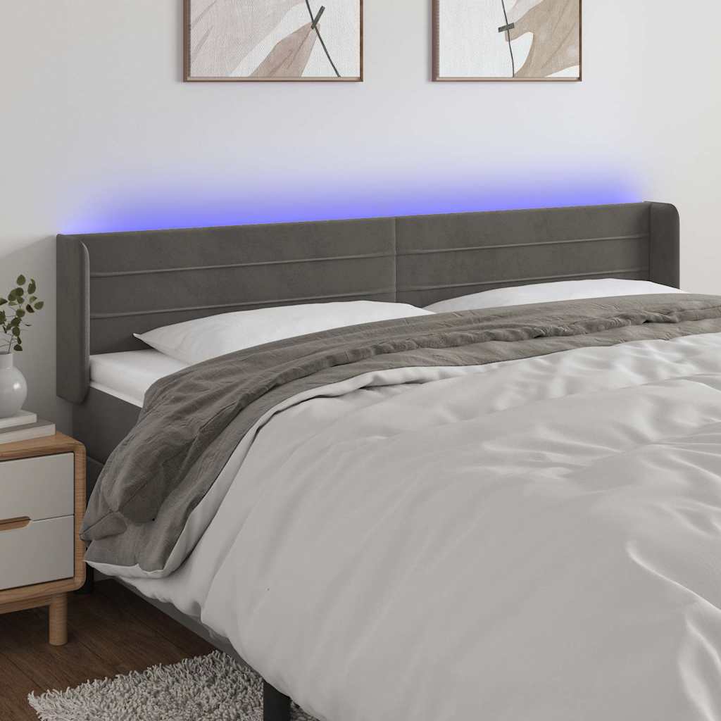 sengegavl med LED-lys 163x16x78/88 cm fløjl mørkegrå