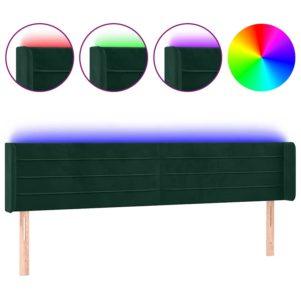 sengegavl med LED-lys 163x16x78/88 cm fløjl mørkegrøn