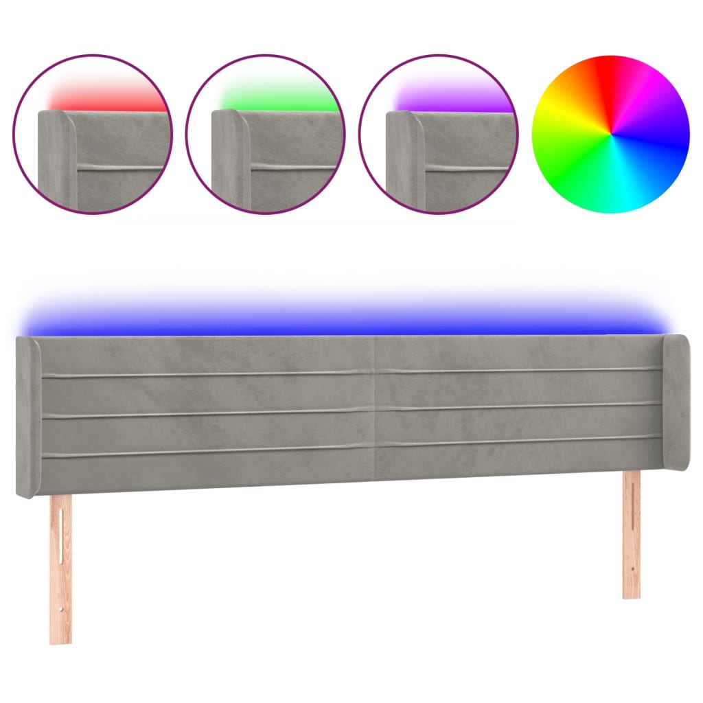 sengegavl med LED-lys 183x16x78/88 cm fløjl lysegrå
