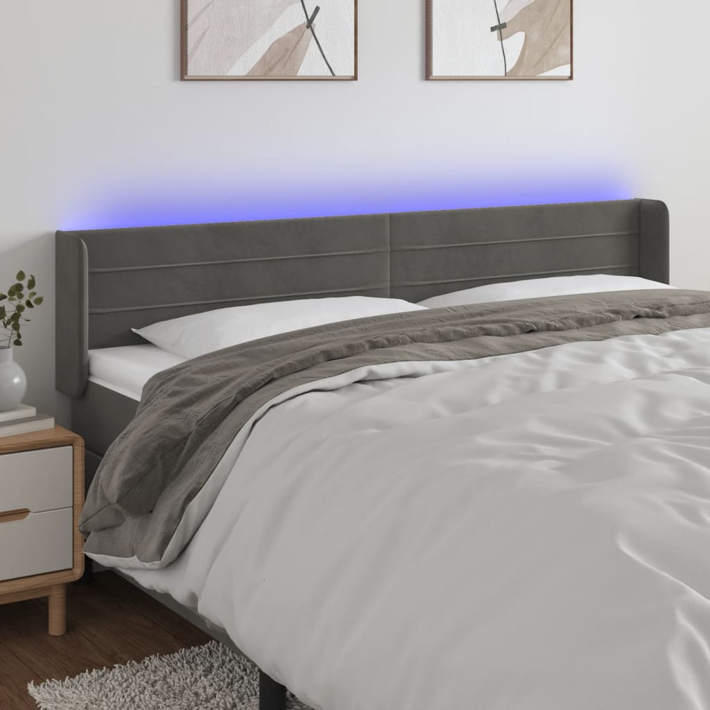 sengegavl med LED-lys 203x16x78/88 cm fløjl mørkegrå