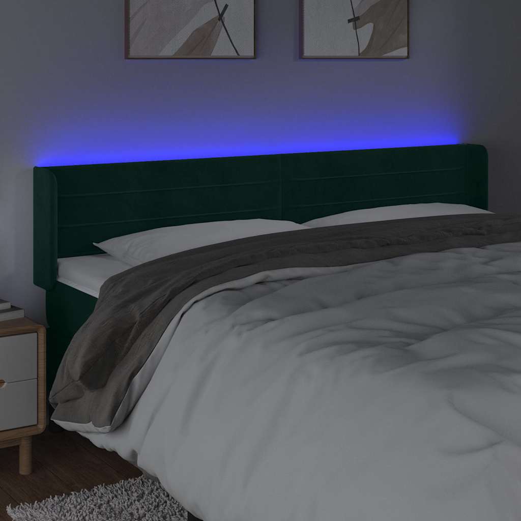 sengegavl med LED-lys 203x16x78/88 cm fløjl mørkegrøn