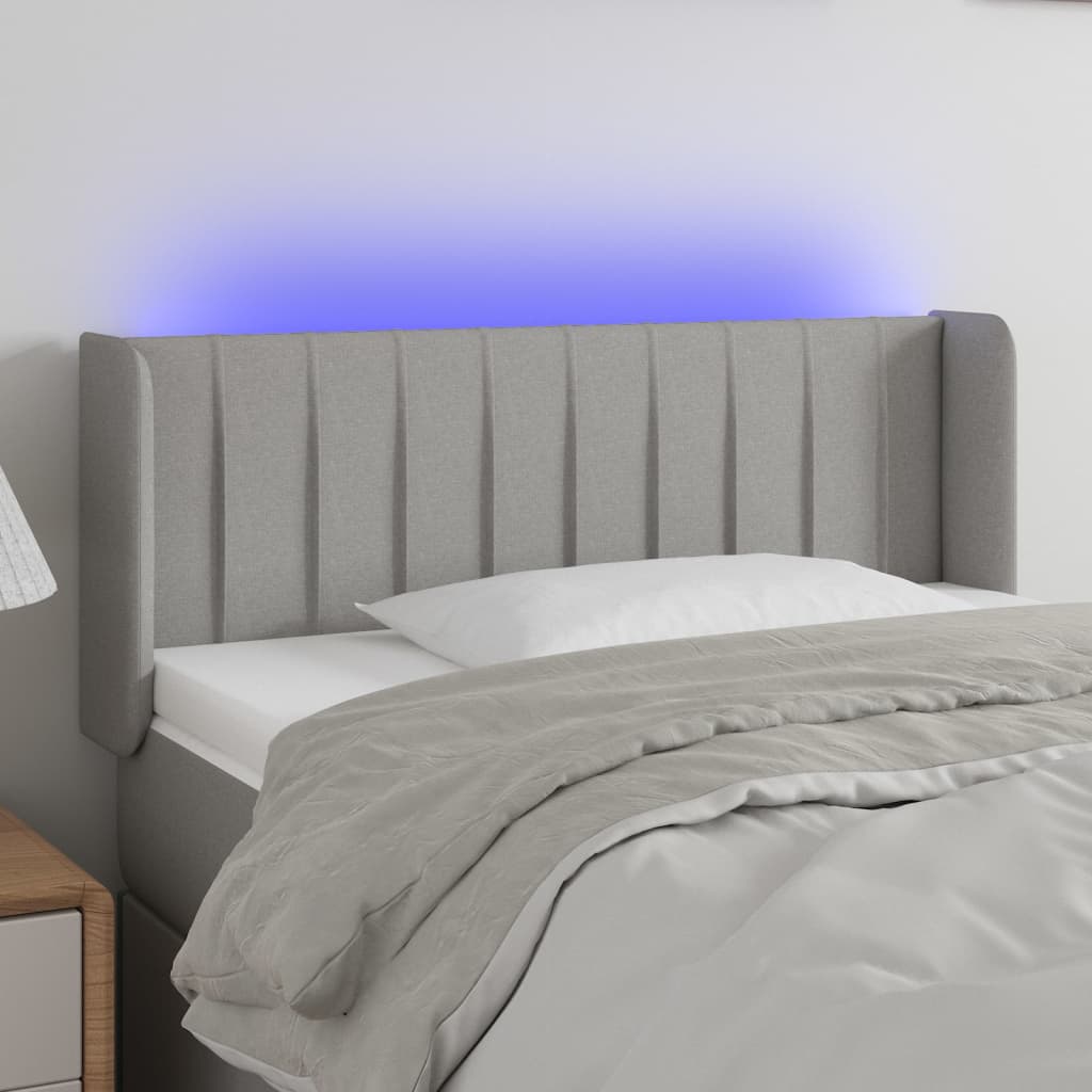 sengegavl med LED-lys 93x16x78/88 cm stof lysegrå