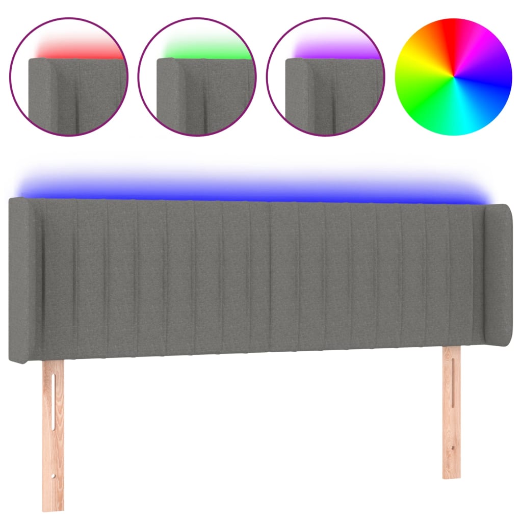 sengegavl med LED-lys 147x16x78/88 cm stof mørkegrå