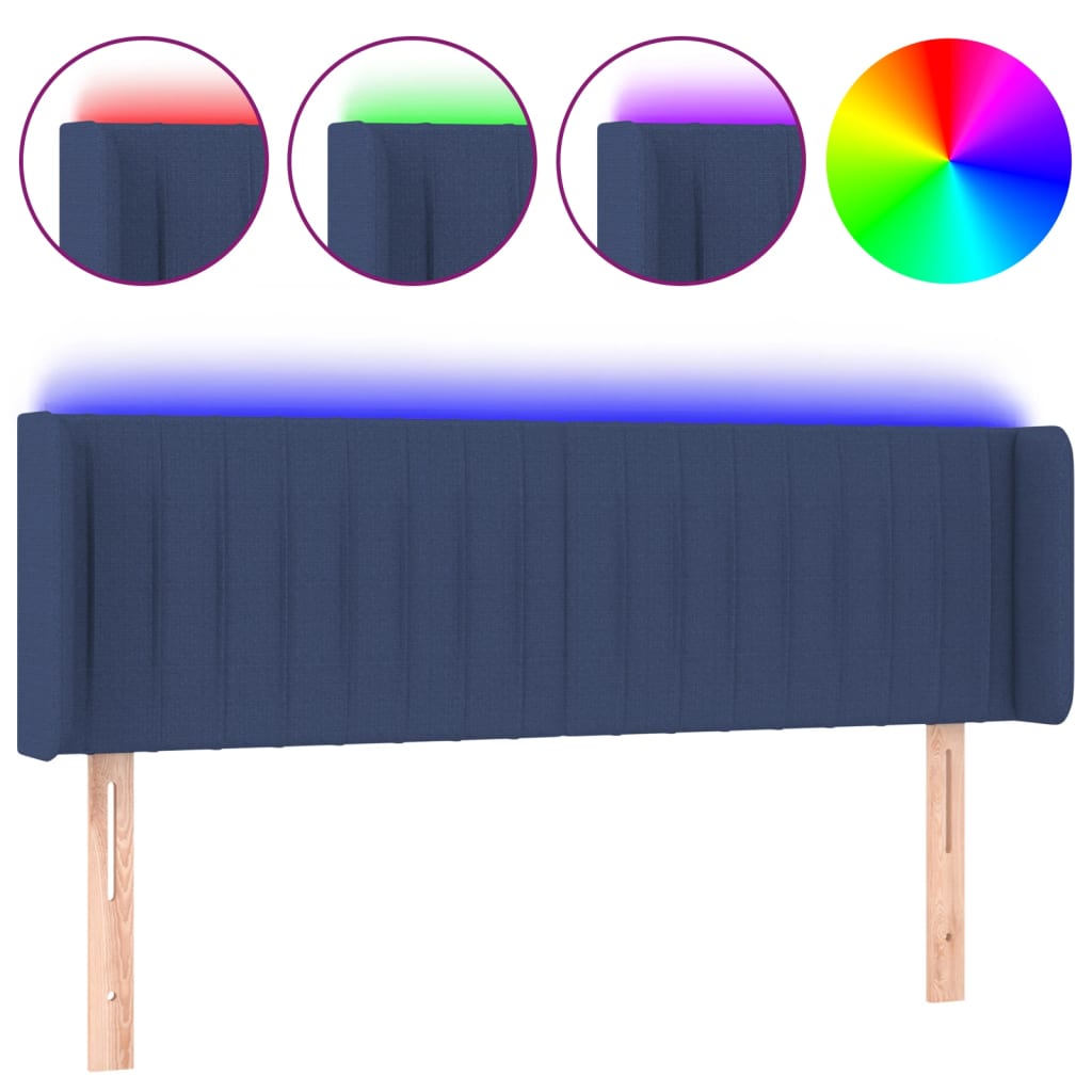 sengegavl med LED-lys 147x16x78/88 cm stof blå