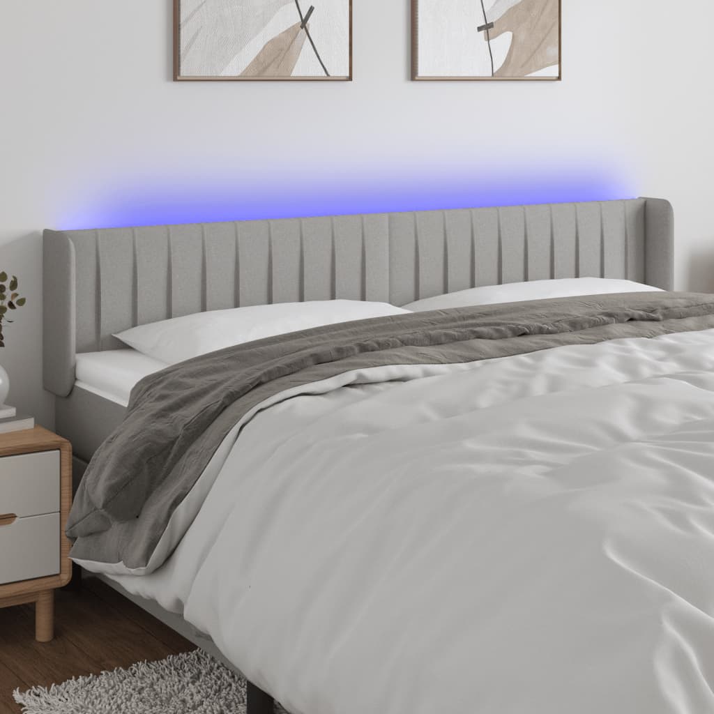 sengegavl med LED-lys 183x16x78/88 cm stof lysegrå