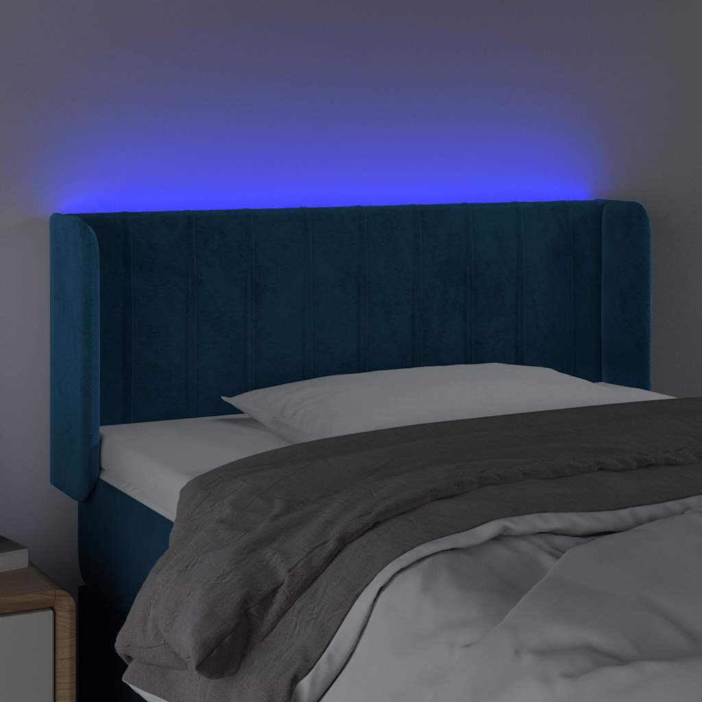 sengegavl med LED-lys 83x16x78/88 cm stof Mørkeblå